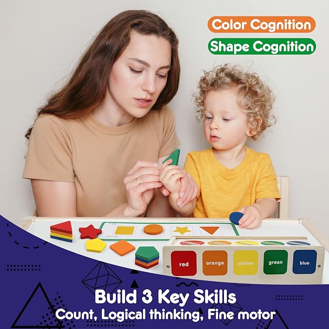 Wooden Sorting Toy Montessori Color & Shape Sorter Class Activity Toddlers Fine Motor Game Teaching Tool for Colors and Shapes Recognition, Birthday Gifts for Boys and Girls