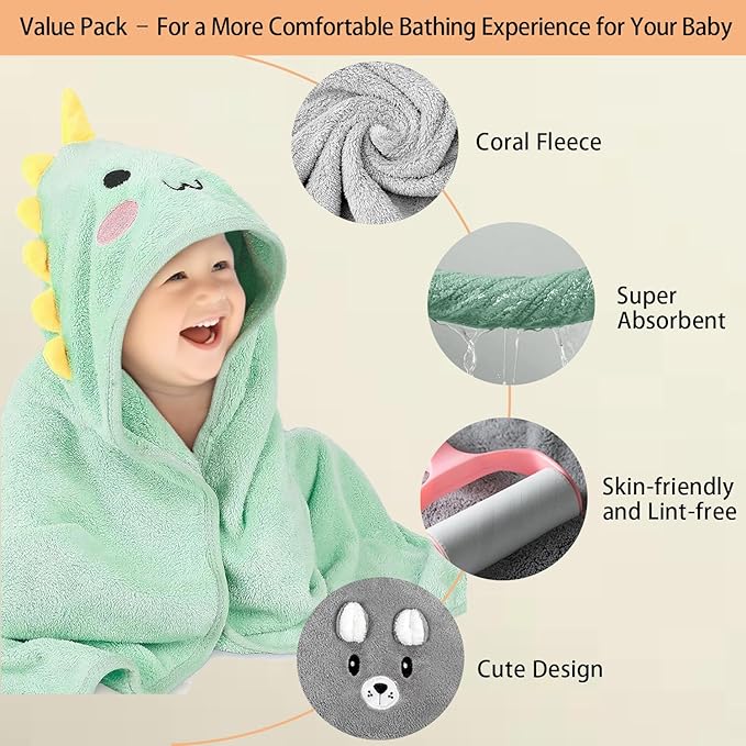 12 PCS Hooded Baby Towel Set, 32x32 Inch Absorbent Baby Bath Towels, 3 PCS Soft Hooded Towels & 9 PCS Washcloths, Ideal for Newborns, Toddlers, and Babies – Baby Bath Essentials (Green + Gray + White)