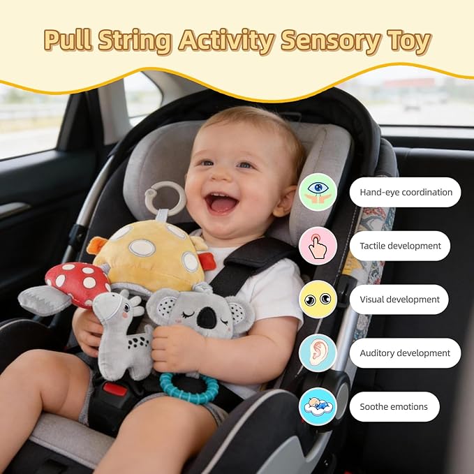 Musical Baby Pull Vibration Toy for Car Seat 6-12 Months, Travel Sensory Toy 3 Months, Montessori Plush Toys for Roadtrip with Crinkle Textures Flutter Squeaky Mirror Newborn Infant Gift