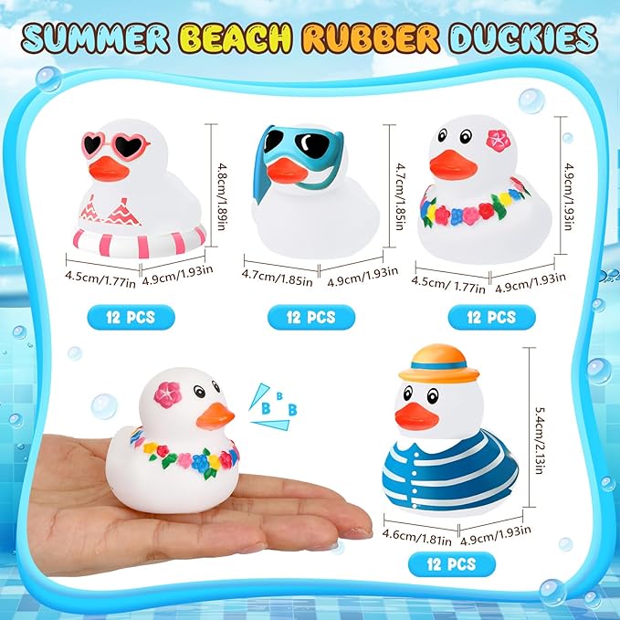 Honoson 48 Pcs Summer Beach Rubber Duckies Bulk Mini Rubber Duck Bath Toys Float Bathtub Ducky Cute Squeaky Ducky for Classroom Carnival Summer Birthday Baby Shower Party Favor (White)