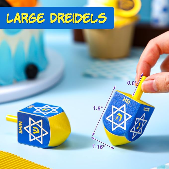 Wonderjune 2 Pcs Hanukkah Dreidels Extra Large Wooden Dreidel for Hanukkah Decoration with English Transliteration, Forever Spinning Tops Party Favors(Hexagram)