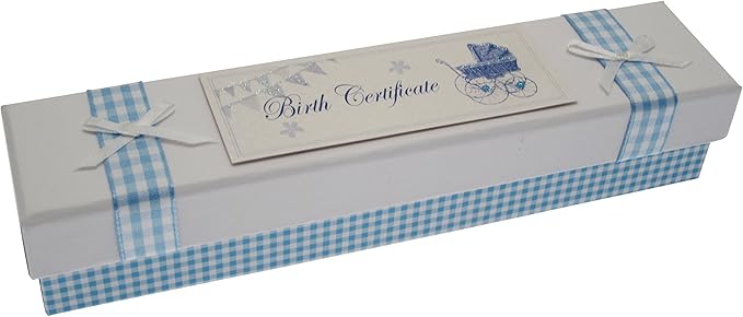 WHITE COTTON CARDS Handmade Boys Birth Certificate Holder (Blue, Pram & Bunting)