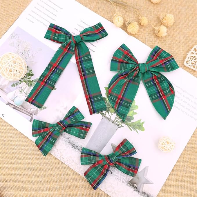 Set of 4 Tartan Green Bow Hair Clips for Little Girls Toddler Baby Mom Women Hair Barrettes Accessories 3 Styles School Uniform Plaid Bows