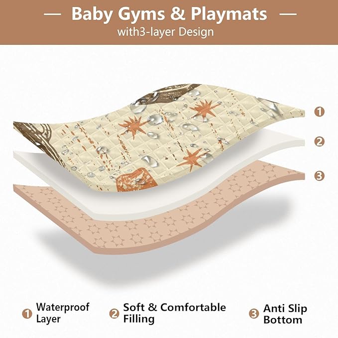 Baby Play Mat Desert Cowboy Hat and Cactus 50 x 50 Playpen Baby Mats for Floor Play Gym Crawling Mat Non-Slip Cushioned Playmat for Infants, Babies, Toddlers