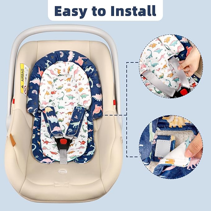 Baby Car Seat Head Support & Strap Covers, Upgraded 2-in-1 Infant Car Seat Insert Cushion for Newborn Girls, Perfect for Carseat, Stroller, Swing, Extra Soft, Dinosaur