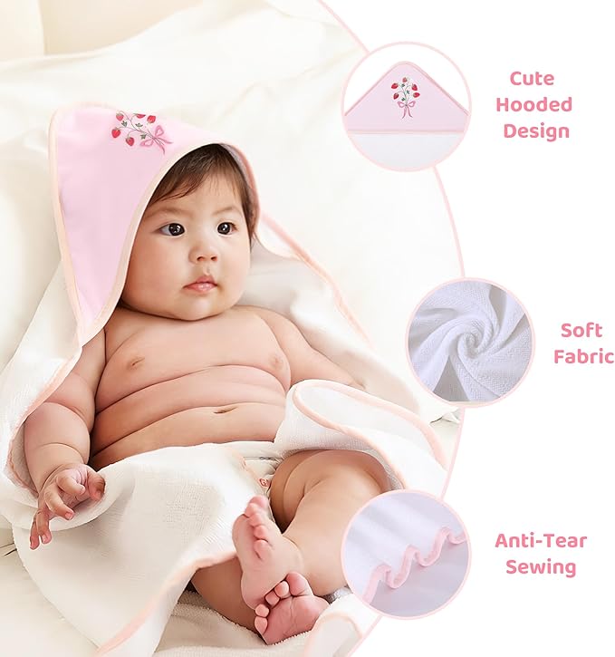 Mooreeke Baby Towel with Hood for Girls Strawberry Bath Towel for Babies Ultra Soft Absorbent 3 PCS Baby Towels and 3 PCS Washcloths for Newborn Essentials