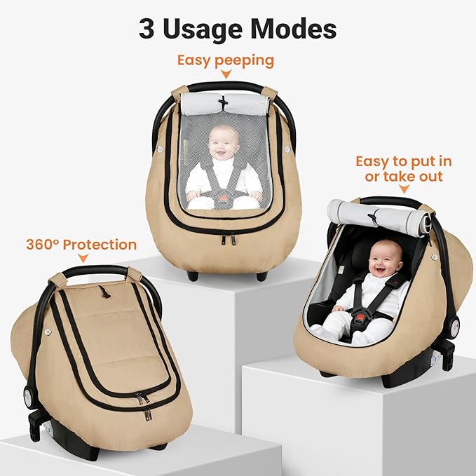 Rquite Car Seat Cover Baby, Winter Carseat Covers Boy Girl, Waterproof Infant Car Seat Cover Warm Car Seat Canopy for Cold Weather, Windproof Baby Carrier/Stroller Cover with 2 Layers Windows, Khak