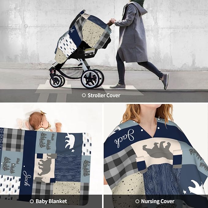Personalized Woodland Bear Baby Car Seat Canopy for Babies with Name, Custom Blue Baby Car Seat Covers for Boys, Opening Minky Nursing Breastfeeding Cover Infant Carseat Canopies for Newborn
