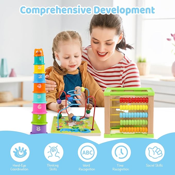 Wooden Activity Cube,Montessori Toys Gift Set for 12+ Months Boys & Girls,Educational Learning Toys for Toddlers Age 1+,First Birthday Gift for Baby