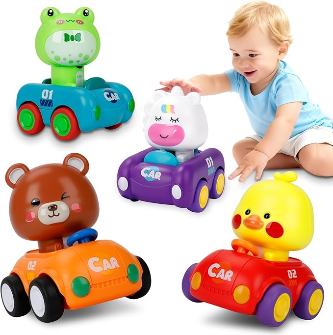 Press and Go Car Toys for Toddlers 1-3, 4 Pack Friction Powered Baby Push Cars, Infant Play Vehicle Set for 6-9-12-18 Months, 1st Birthday Gifts for 1-2 Year Old Boys Girls