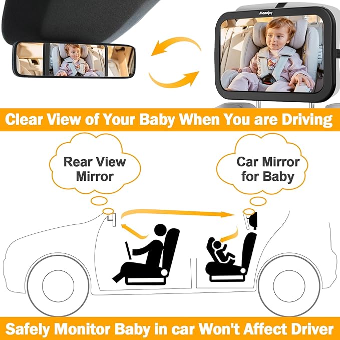 MONOJOY Baby Car Mirror Travel Car-Seat Infant Mirrors Safety Kids Rear View for Rear Facing with Wide View 360° Rotating|Adjustable|Shatterproof Convex Child Mirror, 11.8 ″ x 7.25 ″, Black