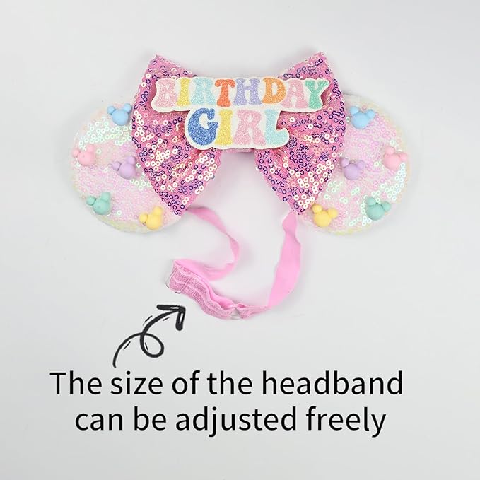 Adjustable Birthday Girl Mouse Ears Headband, Beaded Elastic Hair Bow Hairband for Girls Toddler, Kids Party Festival Supplies