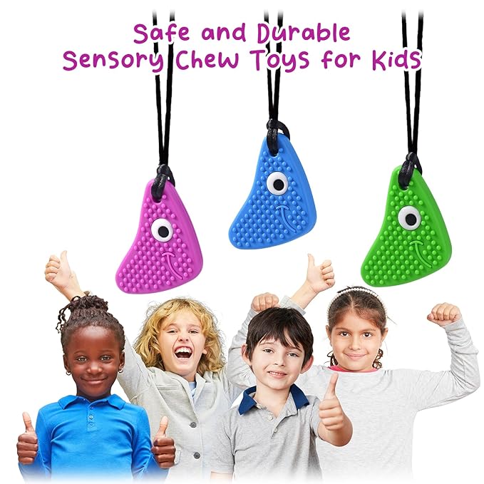 Chew Necklaces for Sensory Kids, Seeway Chewy Necklace Sensory Motor Aids, 3 Pack Silicone Sensory Chew Toys, Different Textures Chewelry, Improve Concentration【Blue, Green, Purple】