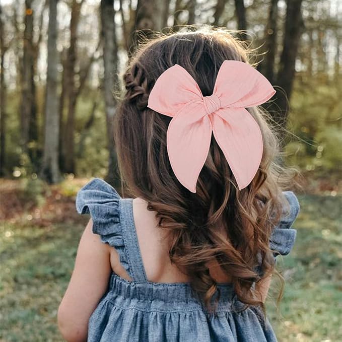 5.5 Inch Pink Fable Hair Bow: Handmade Linen Cotton Hair Clip for Girls - 1 PCS
