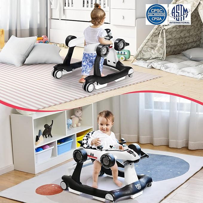 HOMGX Baby Walker with Wheels, Convertible Baby Push Walker & Race Car Mode, Infant Activity Center with Music Box, 3 Heights & 2 Speeds, Foldable Walkers for 6-18 Months (White)