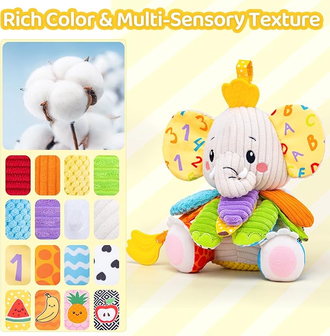 Baby Toys 3-6 Months, Musical Stuffed Elephant Toddler Toy for Newborn Infant 3 6 9 12 Months, Tummy Time Toys Montessori Sensory Toys 0-6 6-12 Months, Crinkle Paper, Mirror Soothing Music Shower Gift