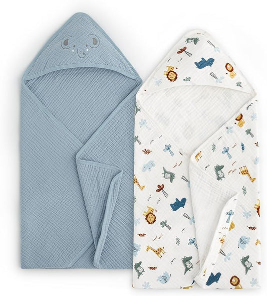 PHF 100% Muslin Cotton Baby Hooded Towels, 2 Pack Bath Towel with Hood for Newborn, Infant, Toddler, Ultra Soft and Absorbent Baby Bath Essentials, Shower Gifts for Boys, 32x32Inch, Woodland