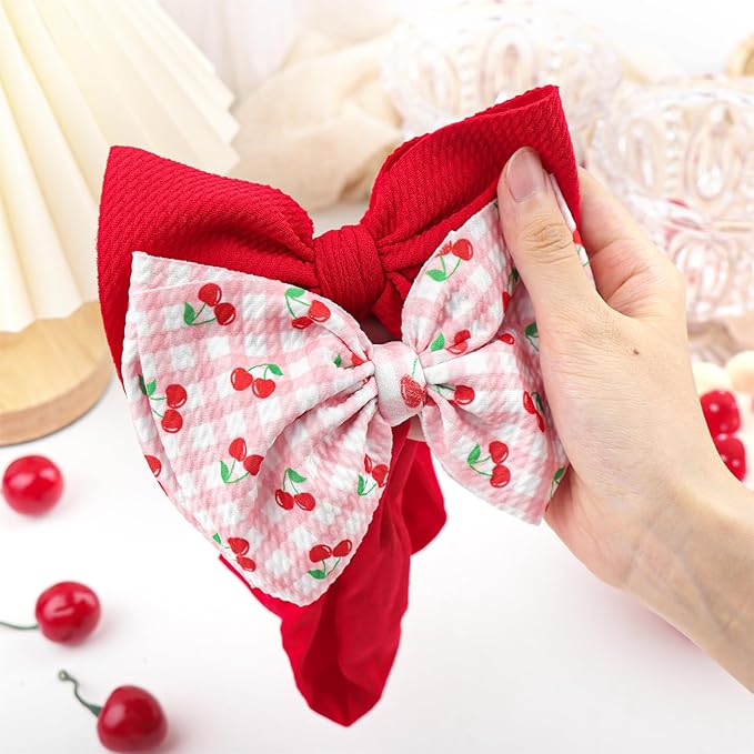2 Pcs Baby Girl Headbands 6’’ Red Bows Cherry Hair Accessories Summer Outfits for Newborn Infant Toddler Girls Clothes
