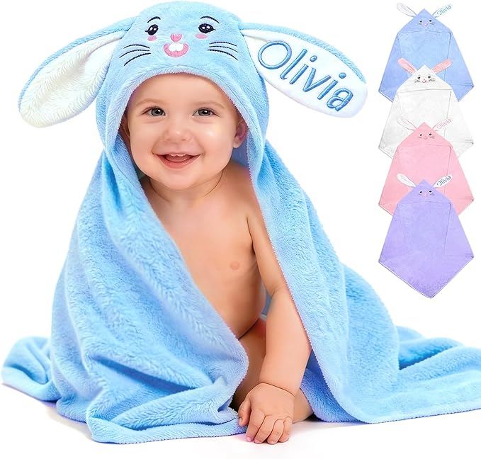 Custom Hooded Bath Towel with Name, Personalized Highly Absorbent Bunny Towels, Baby Bath Towels for Girls Boys, Easter Brithday Shower Gifts for Baby, Toddler, Newborn (Blue)