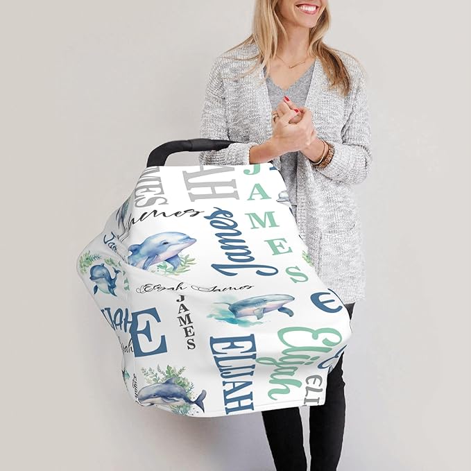 Personalized Baby Car Seat Cover with Name Stroller Canopy Custom Whale Carseat Cover Newborn Baby Boy Girl Nursing Cover for Moms First Birthday Gift