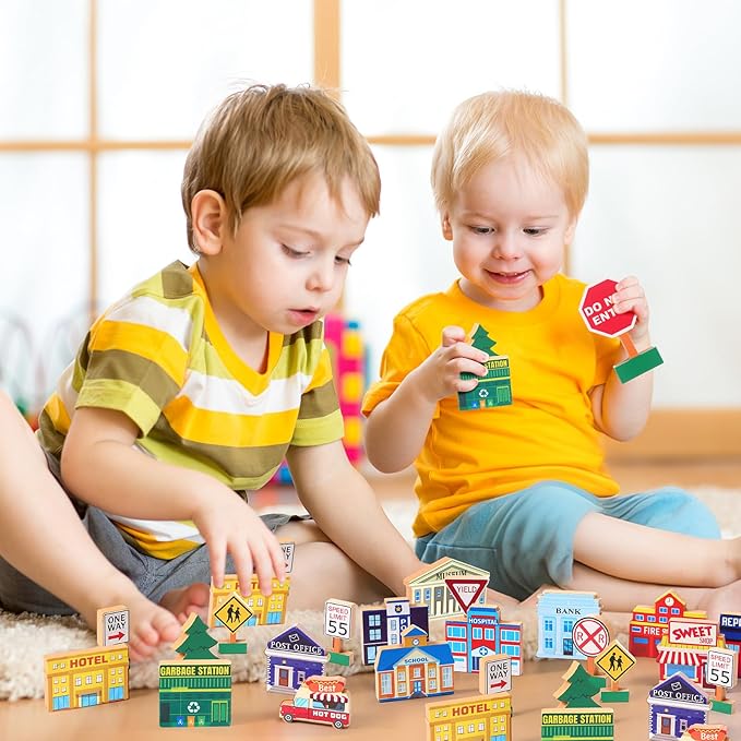 Blosssound 35 Pcs Wooden Town Building Play Toys for Kids City Street Traffic Signs Multicultural Community Block Train Track Accessories Preschool Classroom Educational Supplies Birthday Gifts