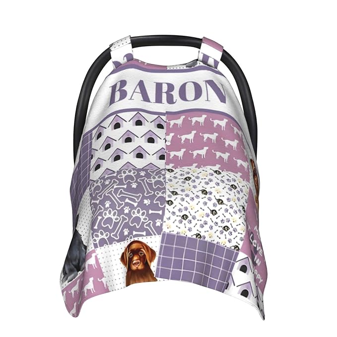 Personalized Minky Car Seat Canopy for Girl Boy, Custom Name Stroller Car Seat Covers Cover for Infant Newborn Shower Gift, Nursing Opening Carseat Cover for Breastfeeding, Dog Purple Theme