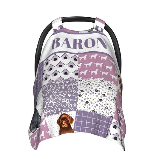 Personalized Minky Car Seat Canopy for Girl Boy, Custom Name Stroller Car Seat Covers Cover for Infant Newborn Shower Gift, Nursing Opening Carseat Cover for Breastfeeding, Dog Purple Theme