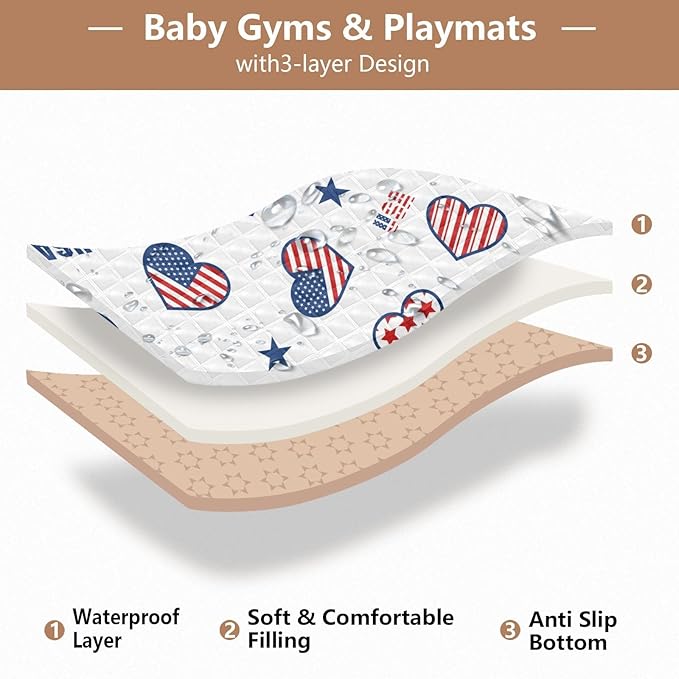 Baby Play Mat American Flag with Hearts July 4th 50 x 50 Playpen Mat Baby Play Mats for Floor Play Gym Crawling Mat Non-Slip Cushioned Baby Playmat for Infants, Babies, Toddlers