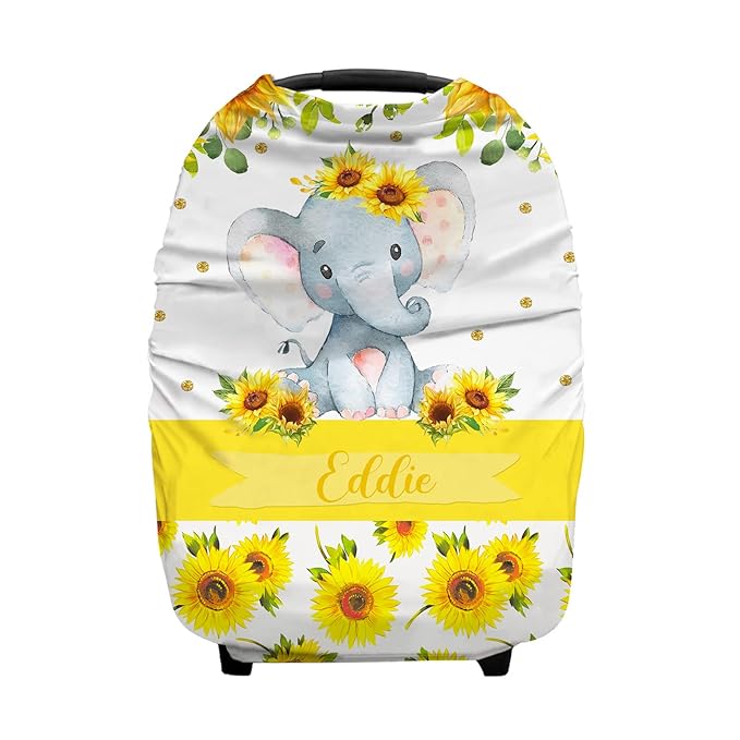 Personalized Baby Car Seat Cover for Boy Girl, Custom Nursing Covers for Breastfeeding with Name, Infant Stroller Cover, Baby Carseat Canopy for Newborn, Multiuse Car Seat Canopies, Sunflower Elephant