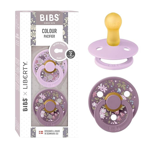 BiBS Liberty Pacifier 2-Pack, BPA Free Pacfiers with Natural Latex Round Nipple, Made in Scandinavia, Size 2 (6-18 Months), Chamomile Lawn Violet Sky