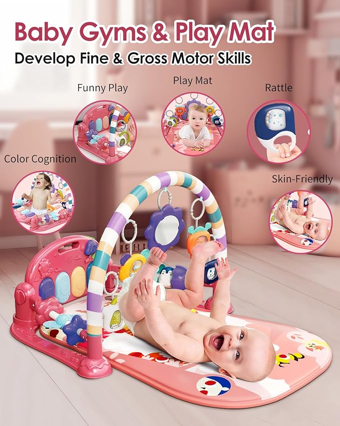 dearlomum Baby Play Mat Gym, Funny Play Piano Tummy Time Activity Mat with 5 Infant Sensory Toys, Music and Lights, Boy & Girl Gifts for Newborns 0 to 3 6 9 12 Months(Tiger Pink)