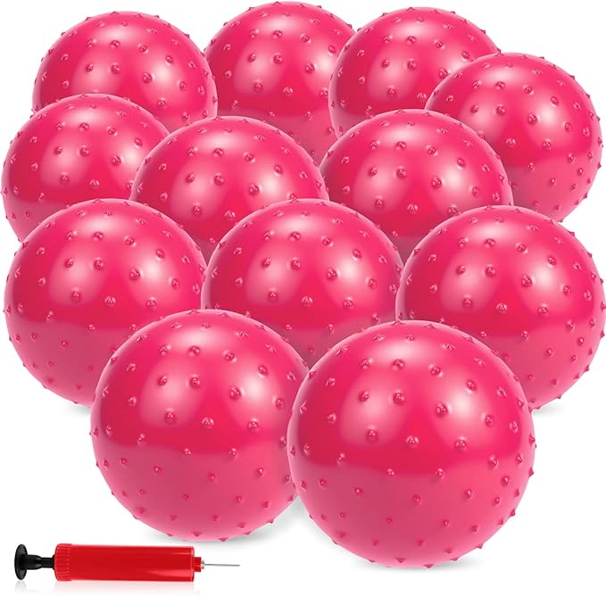 12PCS Bouncy Balls for Kids Toddlers, 7 Inch Sensory Balls Spiky Massage Stress Ball Bulk with Air Pump, Indoor Outdoor Sports Sensory Toys & Party Favors(Pink)