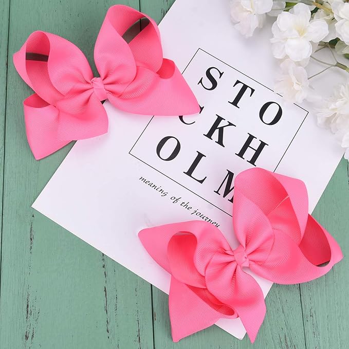 DEEKA 2 PCS 6" Big Hand-made Grosgrain Ribbon Solid Color Hair Bows Alligator Clips Hair Accessories for Little Teen Toddler Girls Kids Set of 2 -Hot Pink