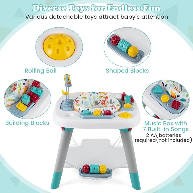 HONEY JOY Baby Bouncer Activity Center, 6-in-1 Infant Jumper & Standing Play Table w/ 360° Rotary Seat, 5 Toys, 3 Adjustable Heights, Music & Sounds, Activity Center for Babies(Blue)