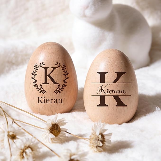 Custom Musical Easter Egg Shaker with Engraved Name and Initial, Wooden Easter Egg Basket Stuffers for Kids, Fake Eggs for Egg Hunt Prize Decor Party Baptism Gift