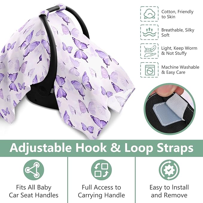 Purple Butterflies Infant Car Seat Cover Baby Stroller Carseat Covers Canopy Girls Boys Muslin Breathable Soft Lightweight Sun Shade Universal Fit