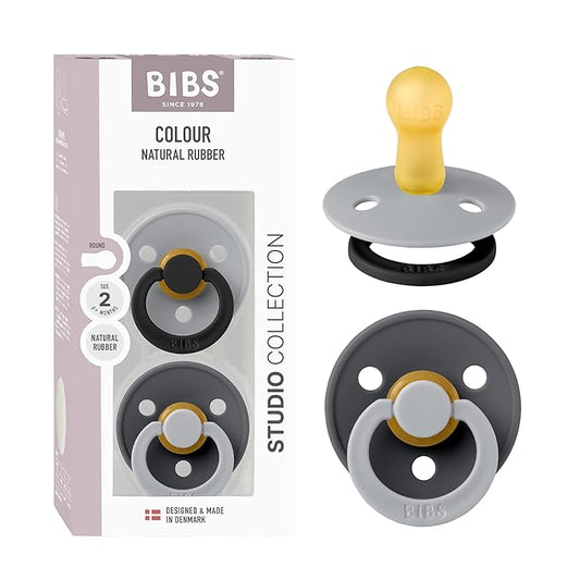 BIBS Colour Studio Pacifier 2-Pack, BPA Free, Round Nipple. Natural Rubber Latex, Made in Denmark, Size 2 (6-18 Months) - Cloud/Iron