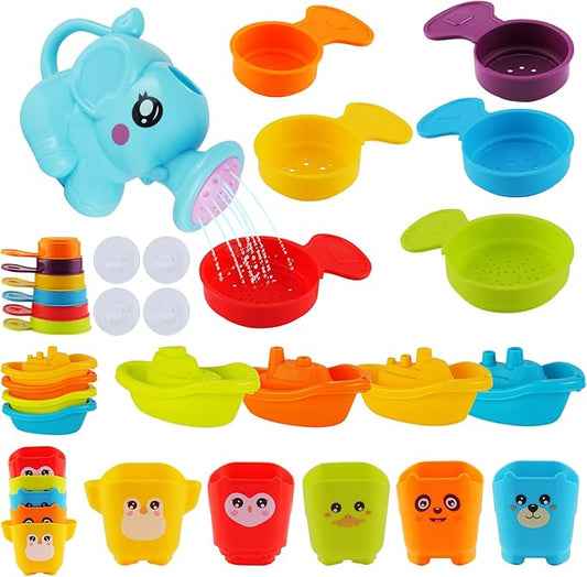 Baby Bath Toys for Kids Ages 1-3, 16 PCS Mold Free Bath Toys for Toddlers with Floating Boats,Watering Can,Water Cup Set& Bath Spoons, Bathtub Water Pool Toys for Babies and Toddlers