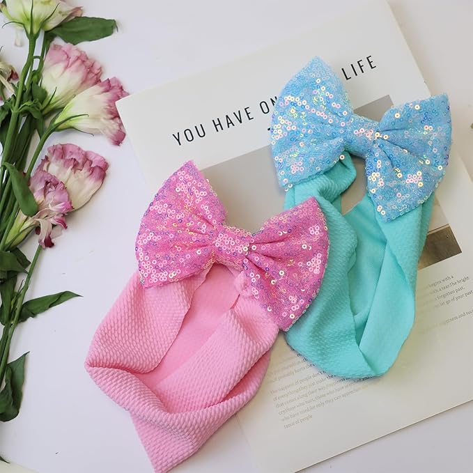 7'' Sequin Baby Headbands, Pink Big Bows for Baby Girls - Soft Stretchy Newborn Bows, Infant to Toddler Hair Accessories, 0-6Months Blue Light Pink