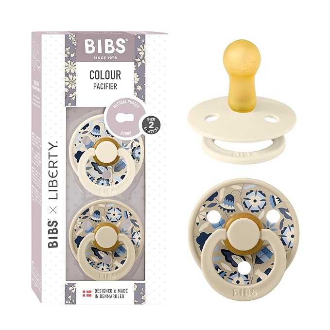 BiBS Liberty Pacifier 2-Pack, BPA Free Pacfiers with Natural Latex Round Nipple, Made in Scandinavia, Size 2 (6-18 Months), Bobo Ivory Mix