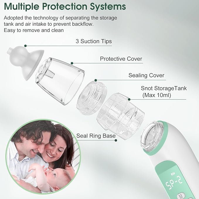 Electric Nose Suction for Baby,Baby Nose Aspirator with 3 Suction Levels and 3 Silicone Tips Fit 0-24 Months Infant ,Soothing Music & Light Distracts Help Toddler During Sick Days,Green.