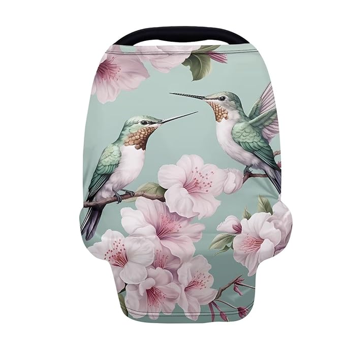 Forchrinse Green Hummingbird Plumeria Baby Carseat Cover Soft Breathable Nursing Cover Breastfeeding Scarf Multi-use Infant Carseat Canopy for Baby Girls