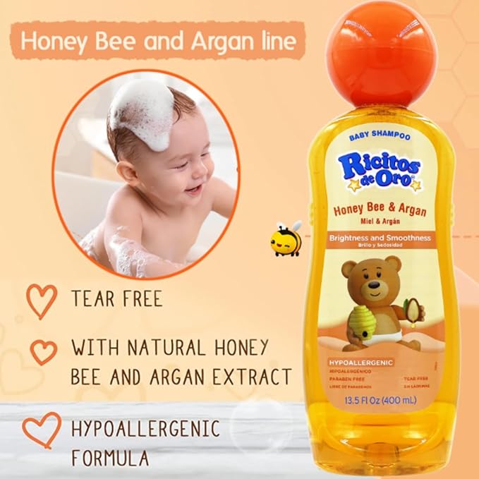 Ricitos de Oro Honey Bee Shampoo Baby Cleansing Shampoo Rattle Cap ParabenFree Product for Baby’s Delicate Hair Hypoallergenic 3-Pack of 8.4 FL Oz Each, 3 Bottles