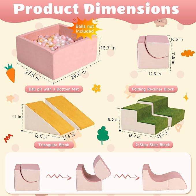 6-Piece Modular Foam Climbing Blocks for Toddlers 6-24 Months, Oeko-TEX Certified Soft Play Set with Large Ball Pit, Pink Indoor Crawling Toys for Baby Girls (Balls Not Included)