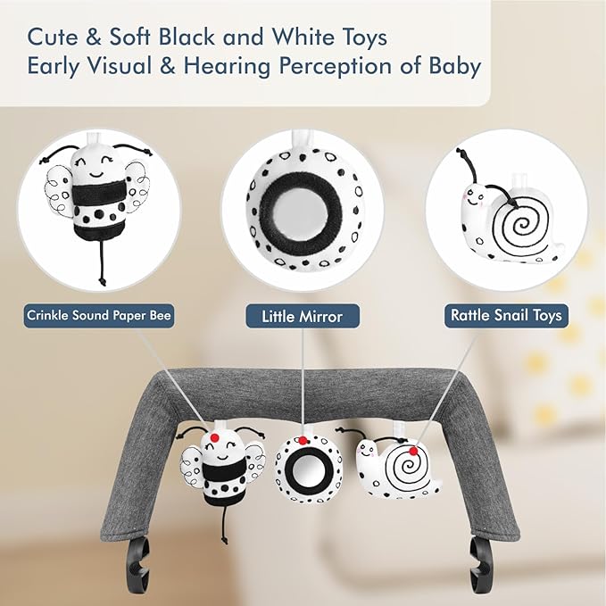 iGRATENS Baby Bjorn Bouncer Toy Bar, Toy Bar for Baby Bouncer Bliss and Balance Soft with 3 PCS Cute Sensory Toys, Easy to Attach and Remove, Skin -Friendly, Machine Washable, Black and White, Soft