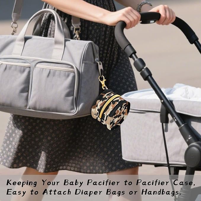 Pacifier Holder with Clip Pacifier Case for Diaper Bag Round Baby Pacifier Pouch Box Bag Portable Black Brown Cow Print
