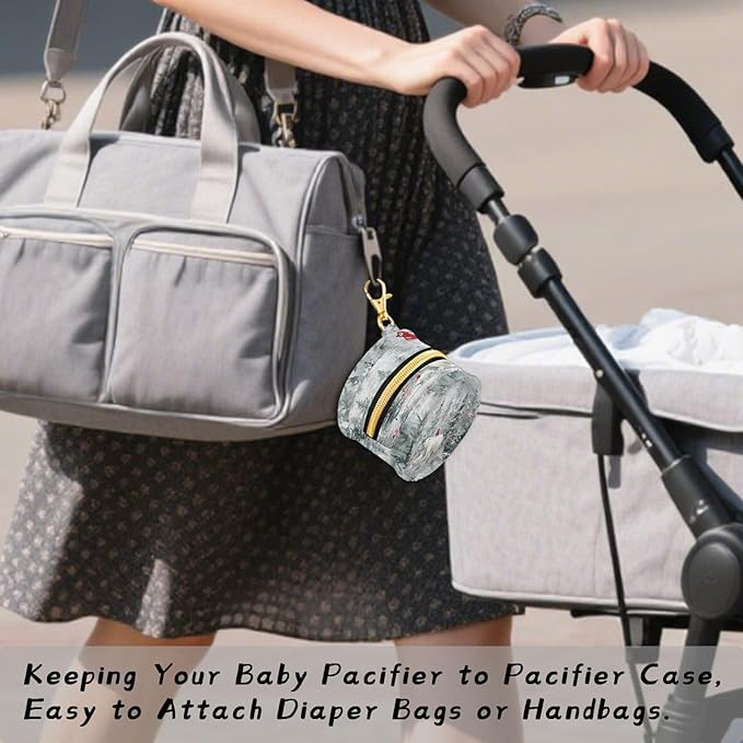 Pacifier Holder with Clip Pacifier Case for Diaper Bag Round Baby Pacifier Pouch Box Bag Portable Pine Forests Bears Birds Grey