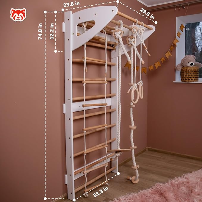 Wood And Hearts Swedish Ladder for Kids with Rope Accessories - Indoor Jungle Gym, Indoor Jungle Gym for Kids Ages 3-16, Indoor Climbing Gym (Swedish Ladder of 2 Parts (White))