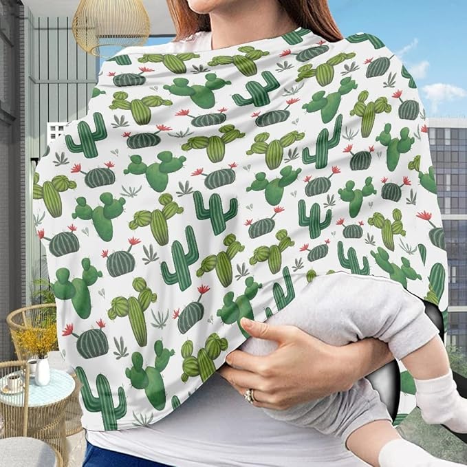 KIDVOVOU Car Seat Covers Canopy Cover - Multi-use Cover Carseat Canopy, Green Catcus Print Breathable Breastfeeding Cover, Car Seat Covers for Babies