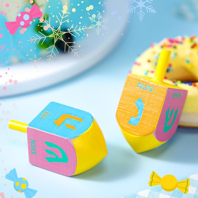 Wonderjune 2 Pcs Hanukkah Dreidels Extra Large Wooden Dreidel for Hanukkah Decoration with English Transliteration, Forever Spinning Tops Party Favors(Fresh)